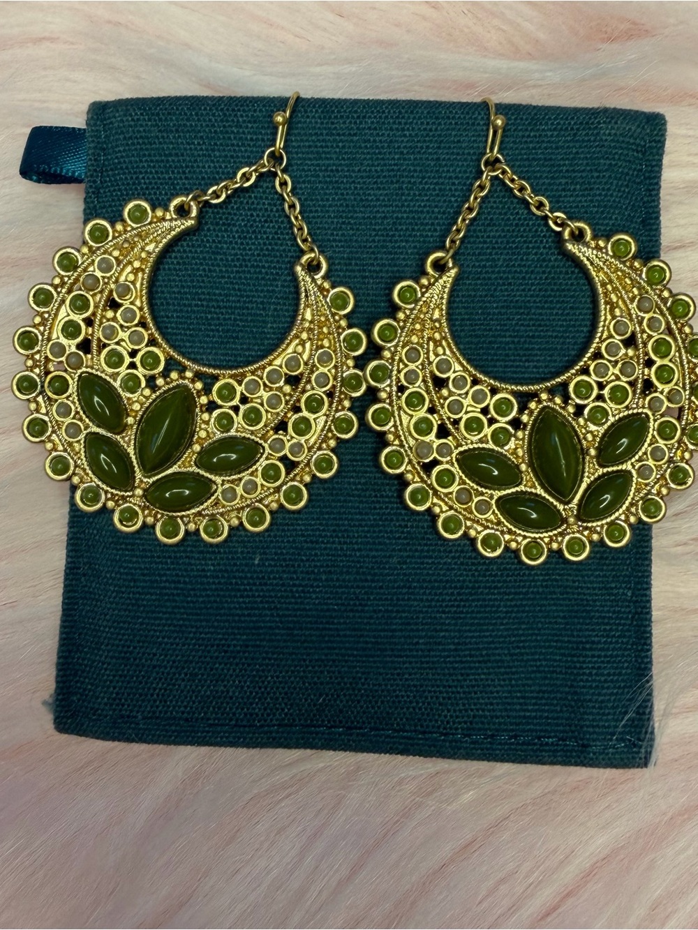 Gold-Tone Green Stone Hoop Earrings - Women Jewelry